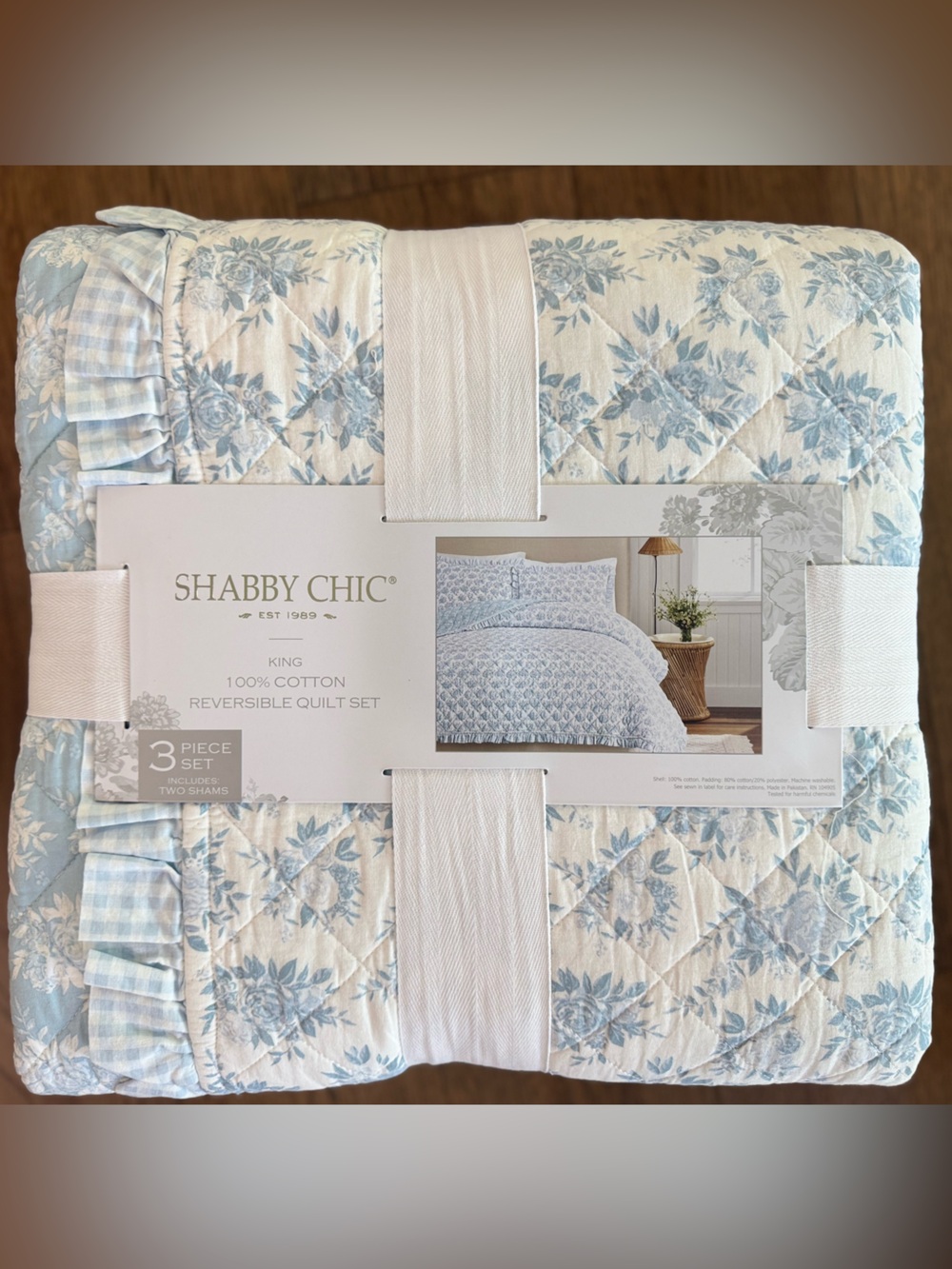 Shabby Chic Light Blue Floral Reversible Quilt Set